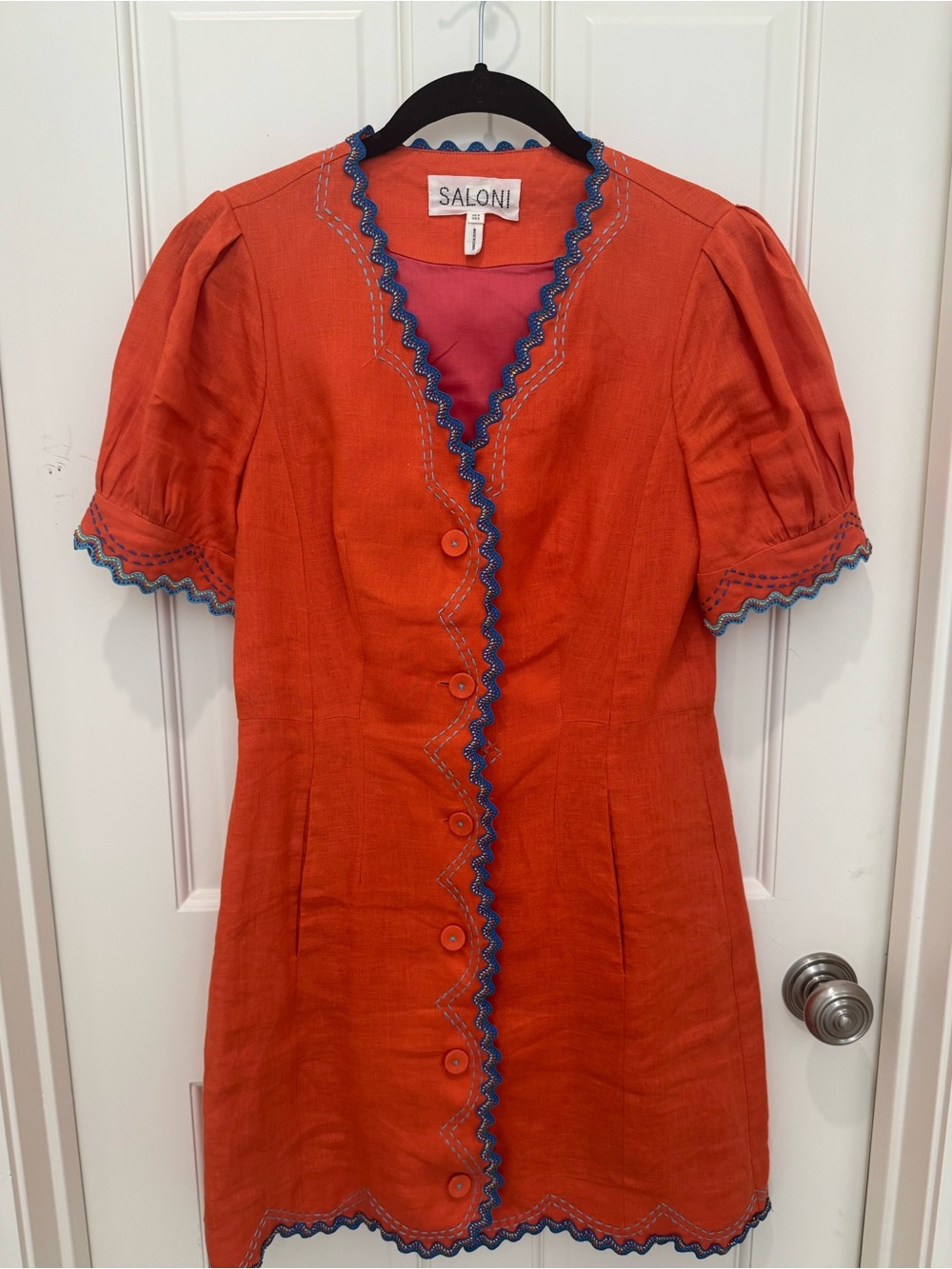 SALONI Marlee Orange/Red Linen Dress with Blue Embellished Trim